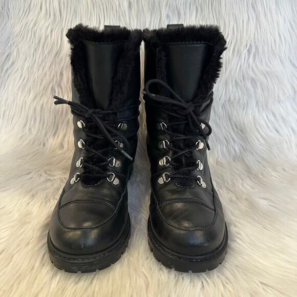 Stuart Weitzman Luge Boots Leather Faux Shearling Lace Up Mid Calf Combat Boots - Picture 4 of 16